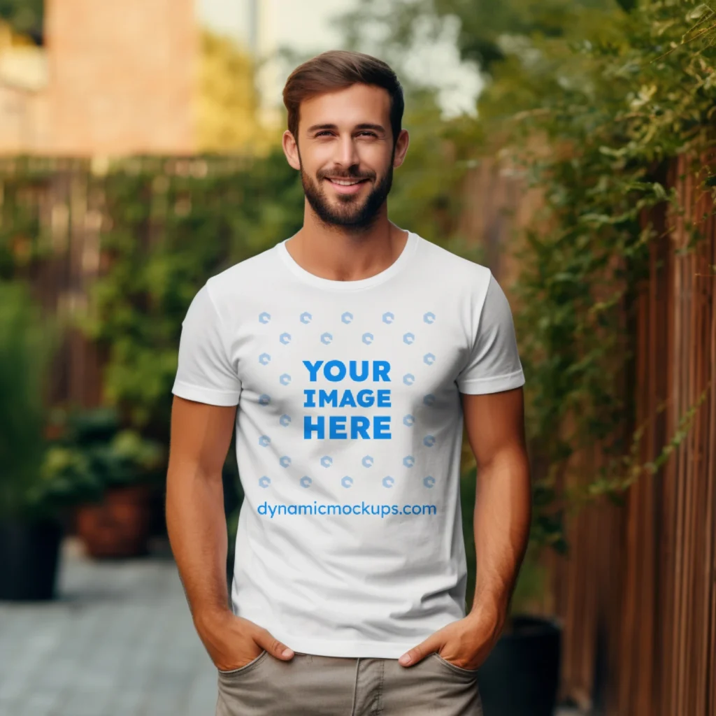 Man Wearing White T-shirt Mockup Front View Template