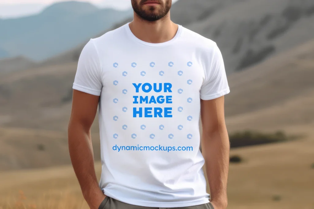 Man Wearing White T-shirt Mockup Front View Template