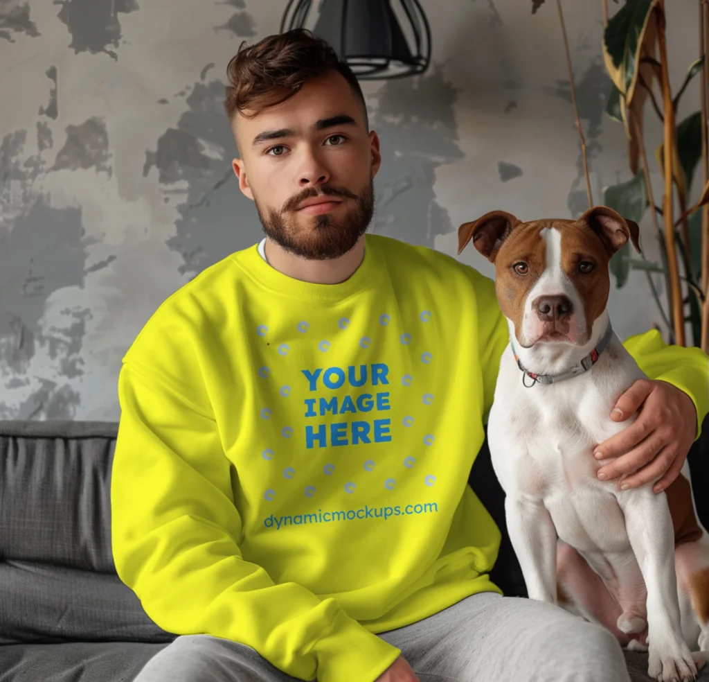 Man Wearing Yellow Sweatshirt Mockup Front View Template