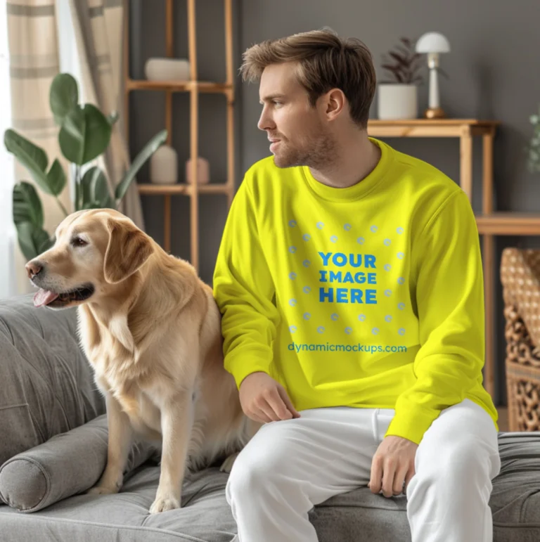 Man Wearing Yellow Sweatshirt Mockup Front View Template