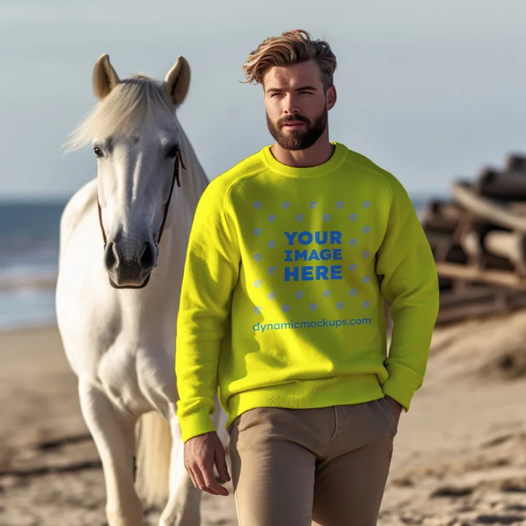 Man Wearing Yellow Sweatshirt Mockup Front View Template