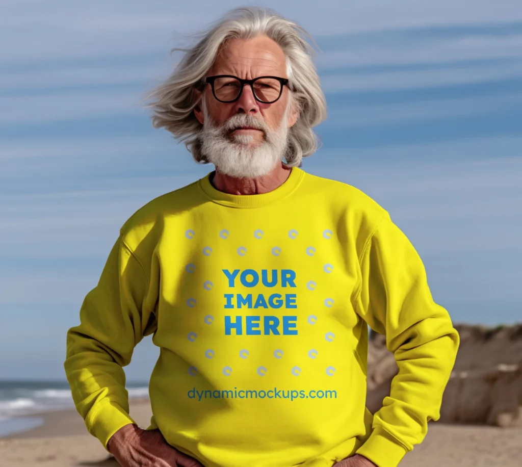 Man Wearing Yellow Sweatshirt Mockup Front View Template