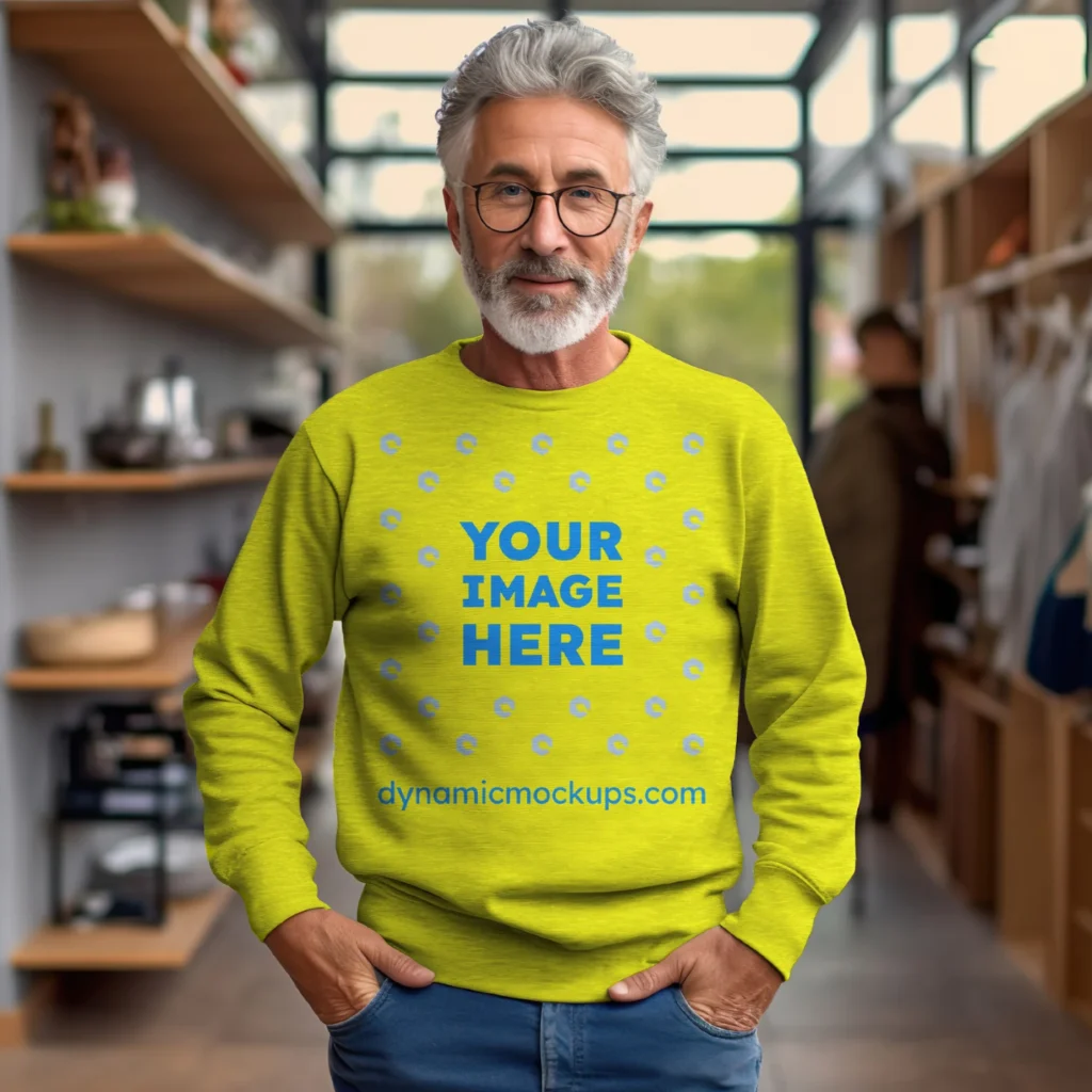 Man Wearing Yellow Sweatshirt Mockup Front View Template