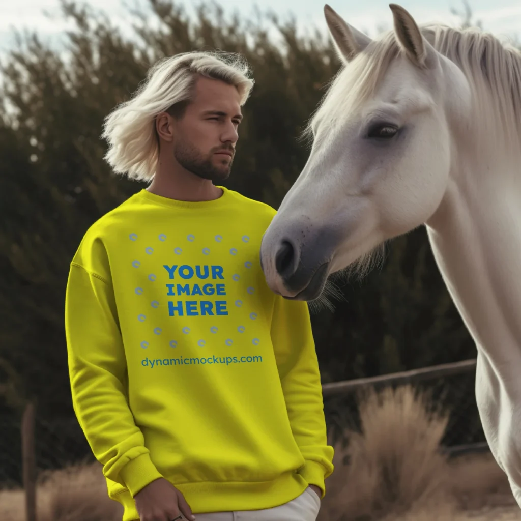 Man Wearing Yellow Sweatshirt Mockup Front View Template