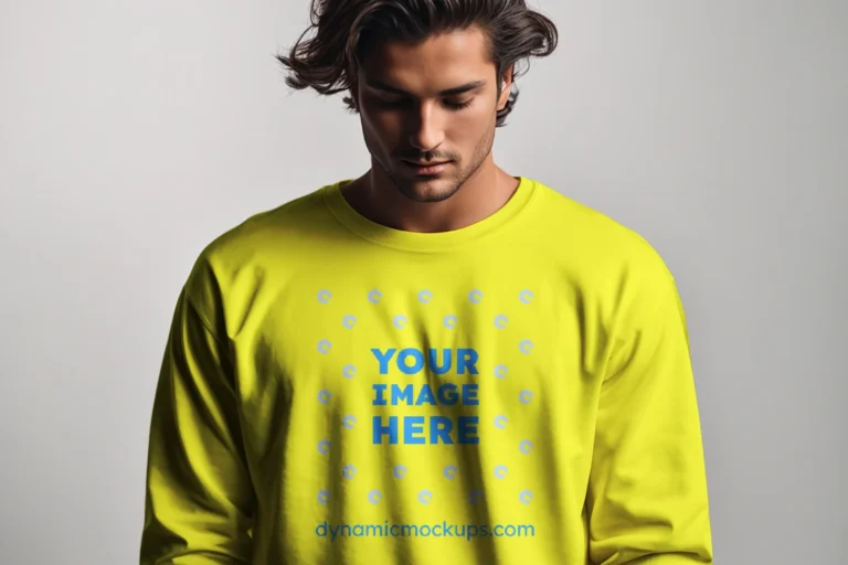 Man Wearing Yellow Sweatshirt Mockup Front View Template