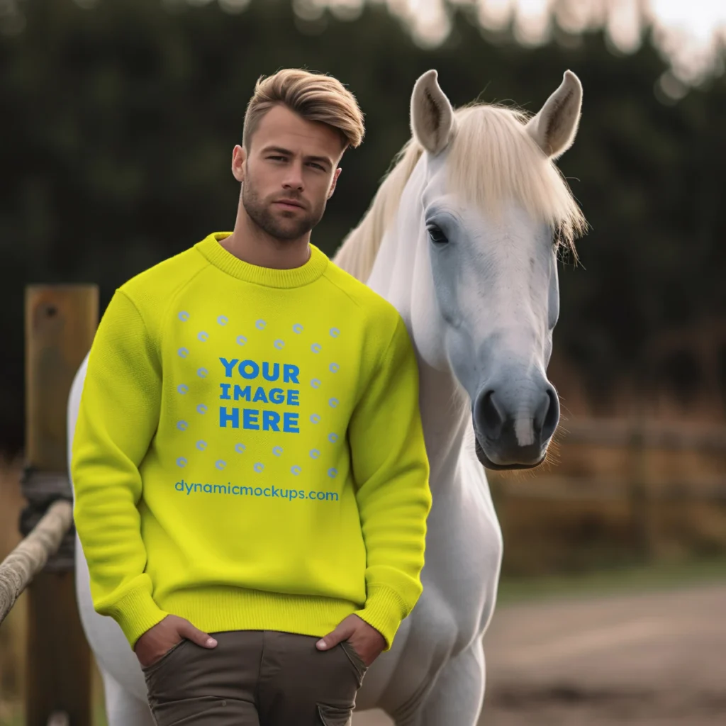 Man Wearing Yellow Sweatshirt Mockup Front View Template