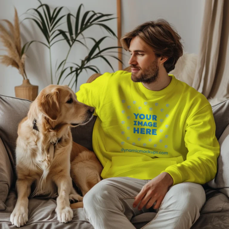 Man Wearing Yellow Sweatshirt Mockup Front View Template