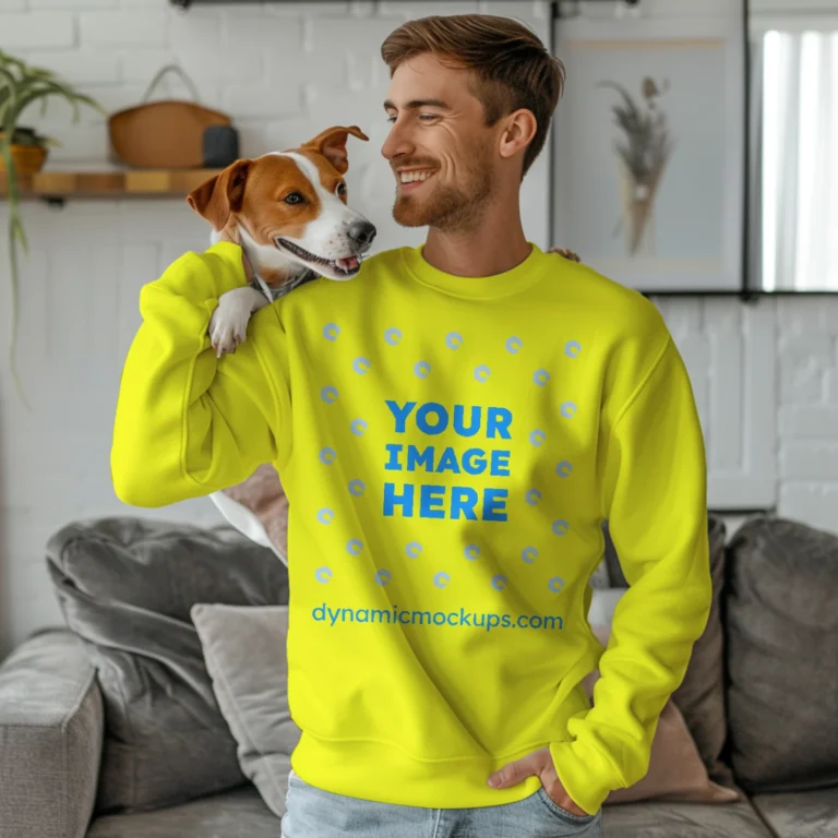 Man Wearing Yellow Sweatshirt Mockup Front View Template