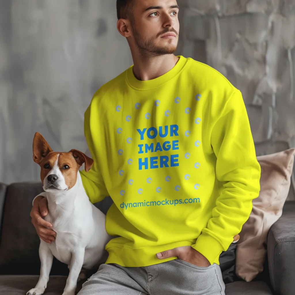 Man Wearing Yellow Sweatshirt Mockup Front View Template