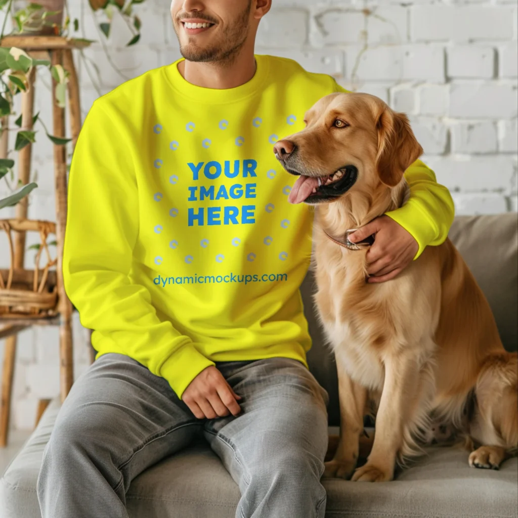 Man Wearing Yellow Sweatshirt Mockup Front View Template