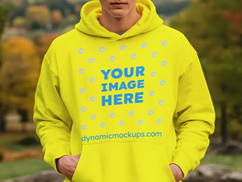 Man Wearing Yellow Hoodie Mockup Front View Template