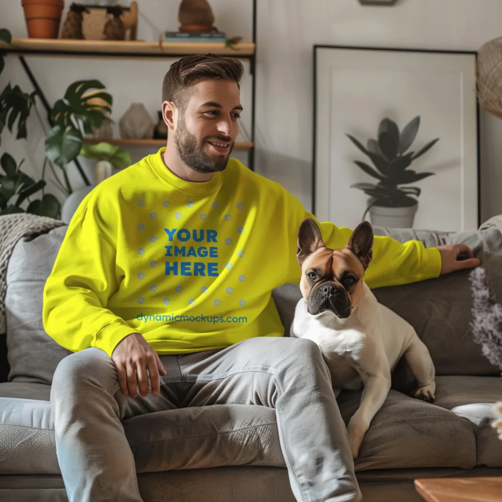 Man Wearing Yellow Sweatshirt Mockup Front View Template