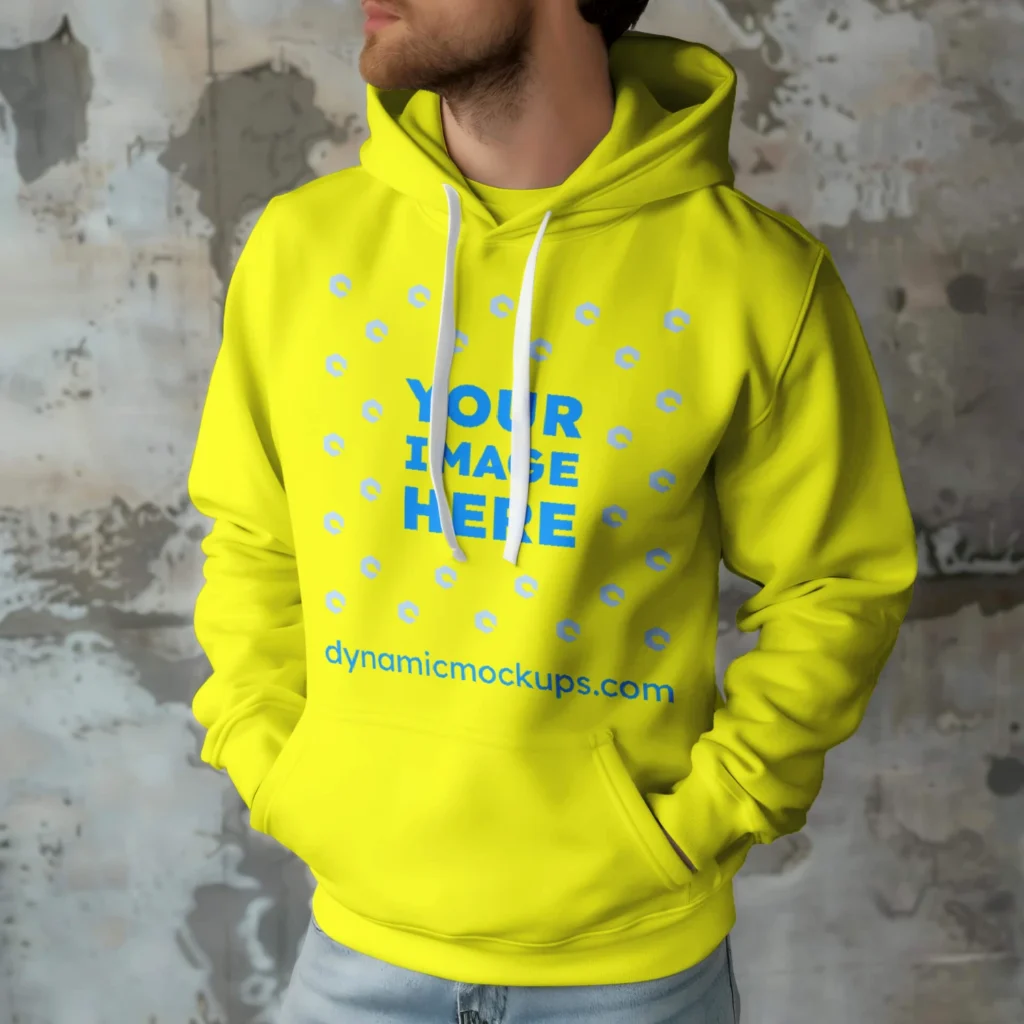 Man Wearing Yellow Hoodie Mockup Front View Template