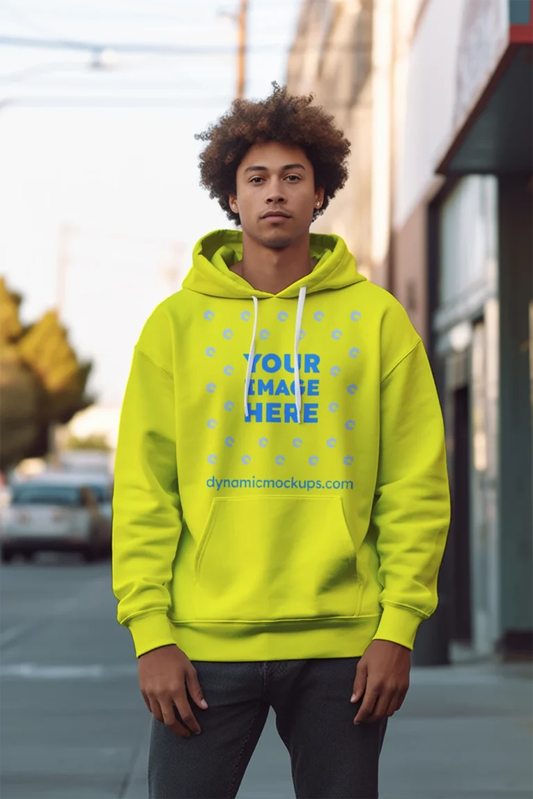 Man Wearing Yellow Hoodie Mockup Front View Template