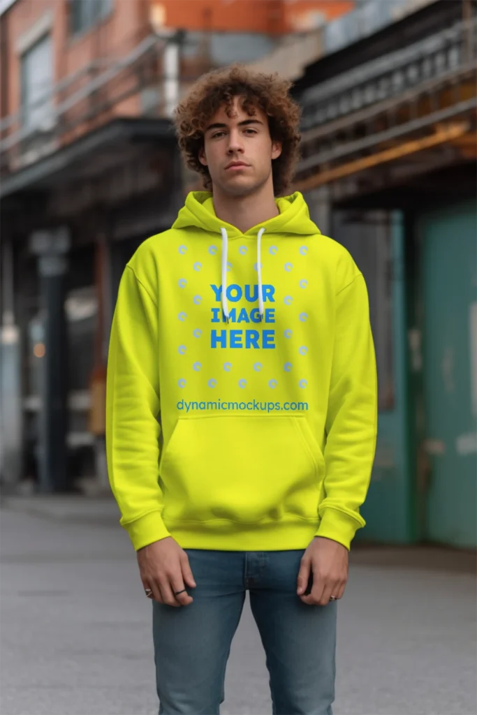 Man Wearing Yellow Hoodie Mockup Front View Template