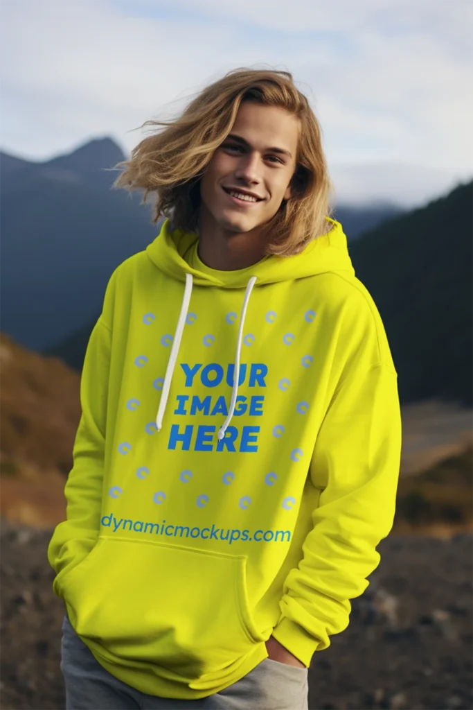 Man Wearing Yellow Hoodie Mockup Front View Template