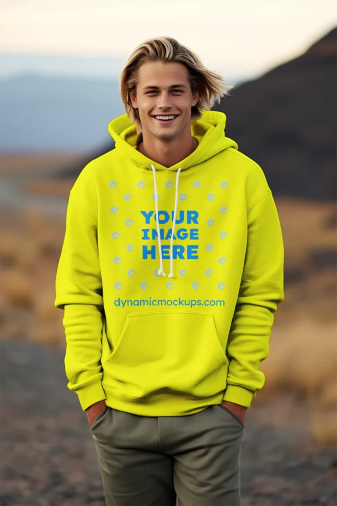 Man Wearing Yellow Hoodie Mockup Front View Template