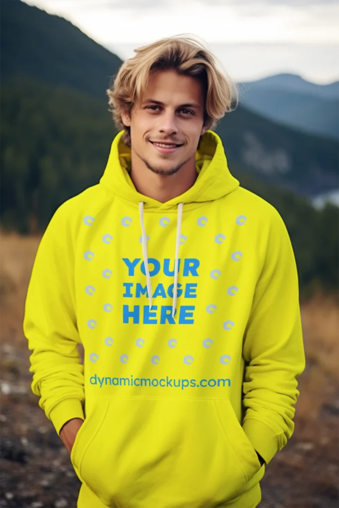 Man Wearing Yellow Hoodie Mockup Front View Template