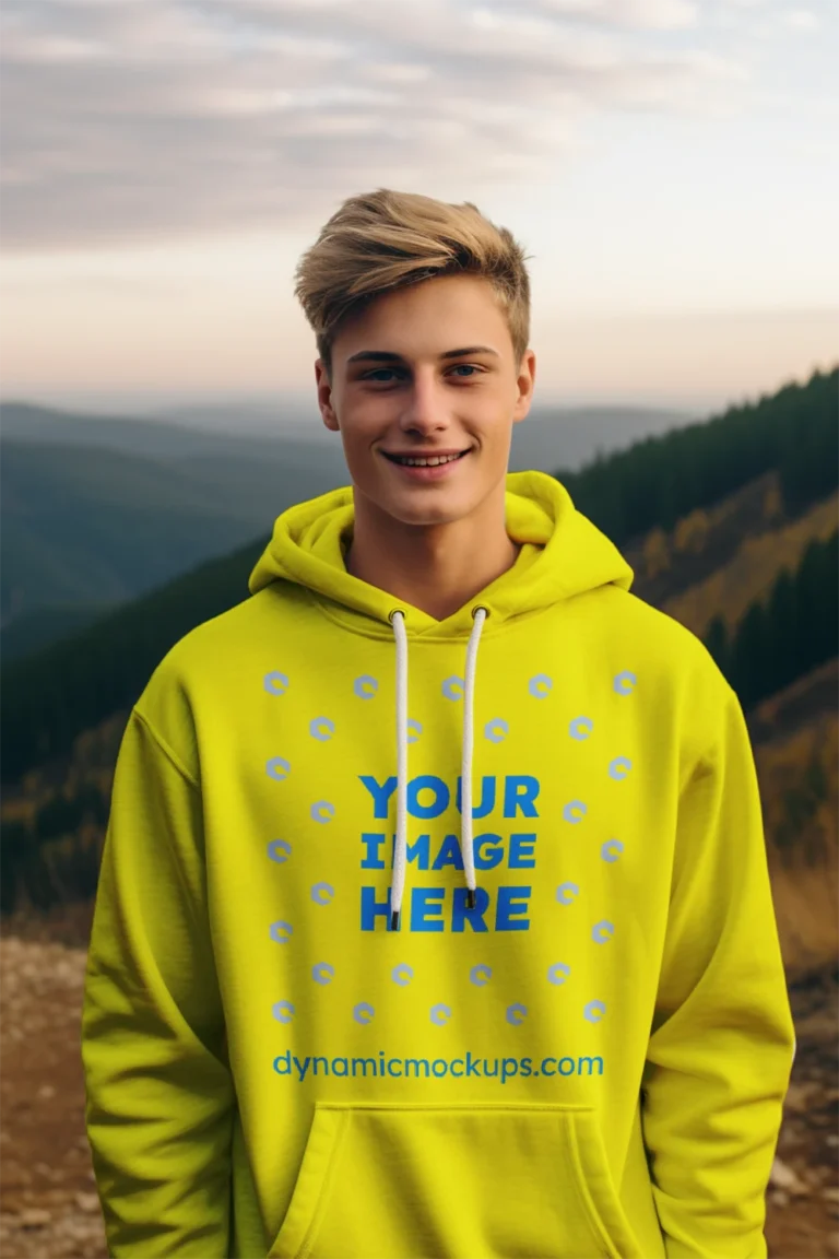 Man Wearing Yellow Hoodie Mockup Front View Template