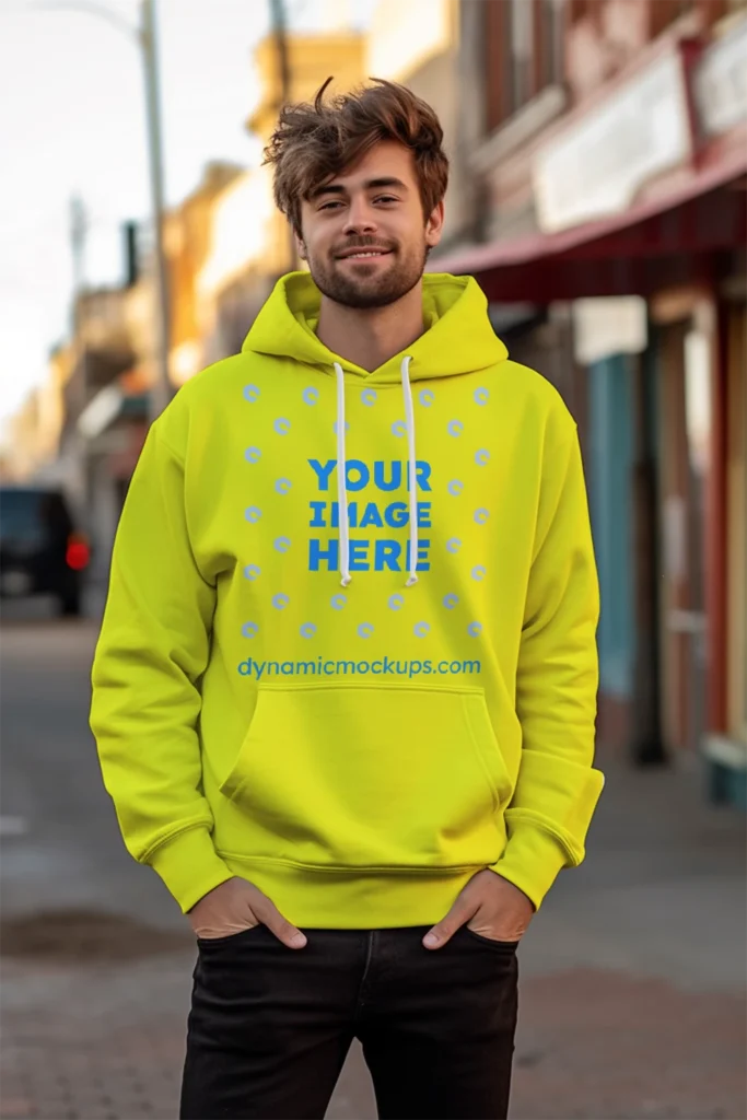 Man Wearing Yellow Hoodie Mockup Front View Template