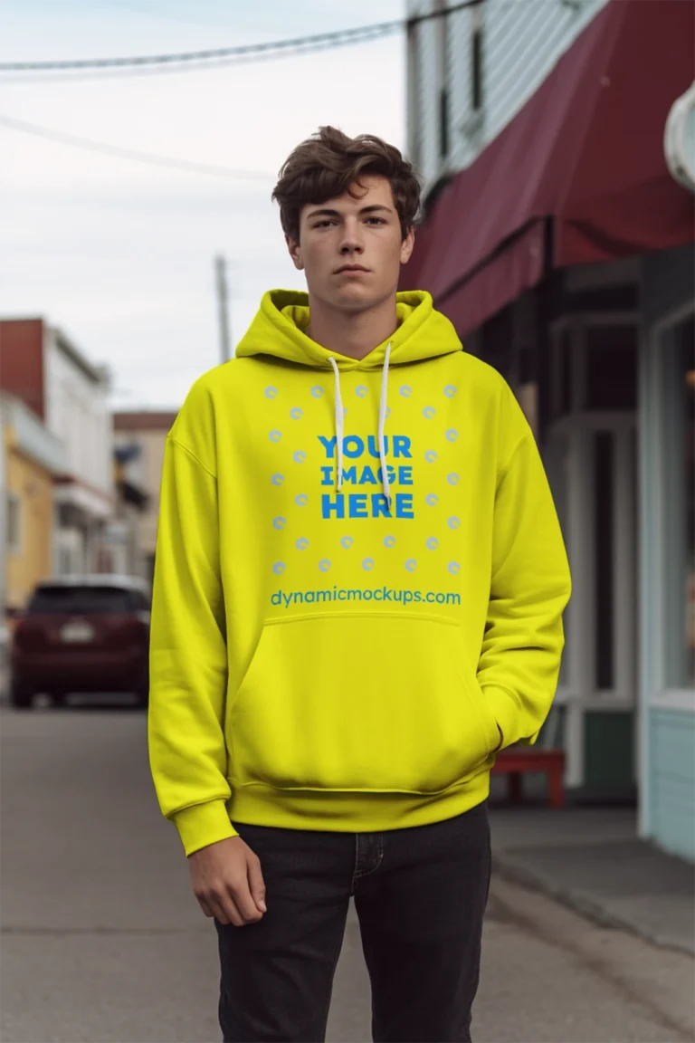 Man Wearing Yellow Hoodie Mockup Front View Template