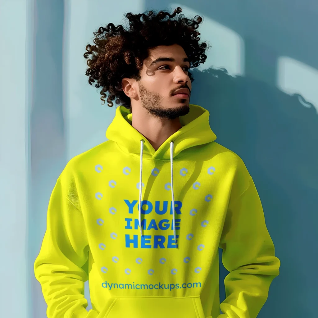 Man Wearing Yellow Hoodie Mockup Front View Template