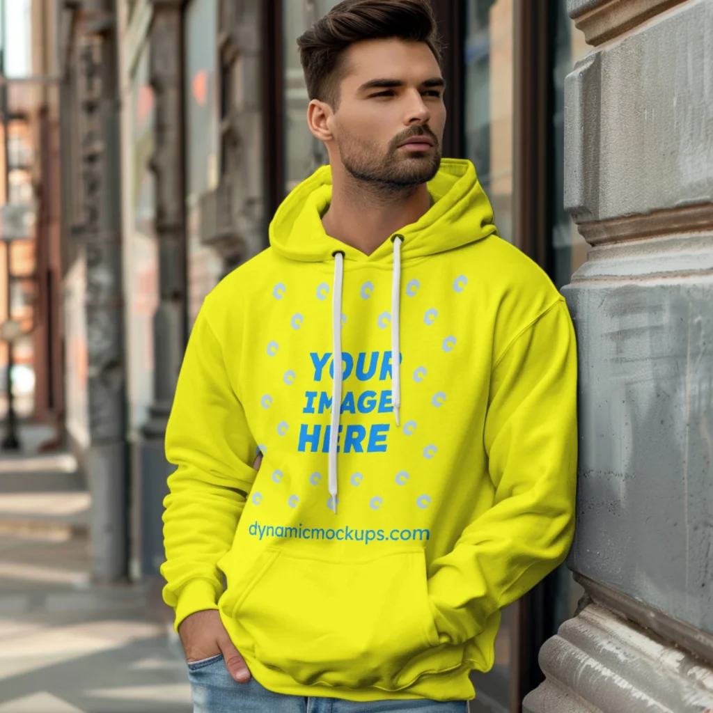 Man Wearing Yellow Hoodie Mockup Front View Template