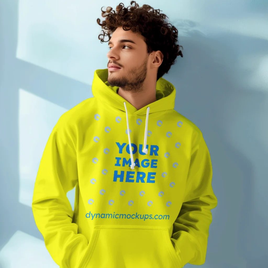 Man Wearing Yellow Hoodie Mockup Front View Template