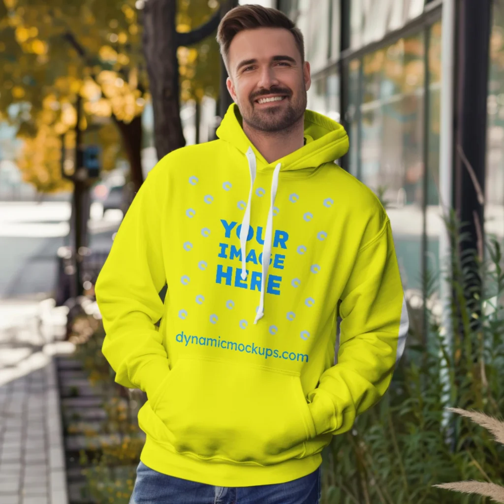 Man Wearing Yellow Hoodie Mockup Front View Template