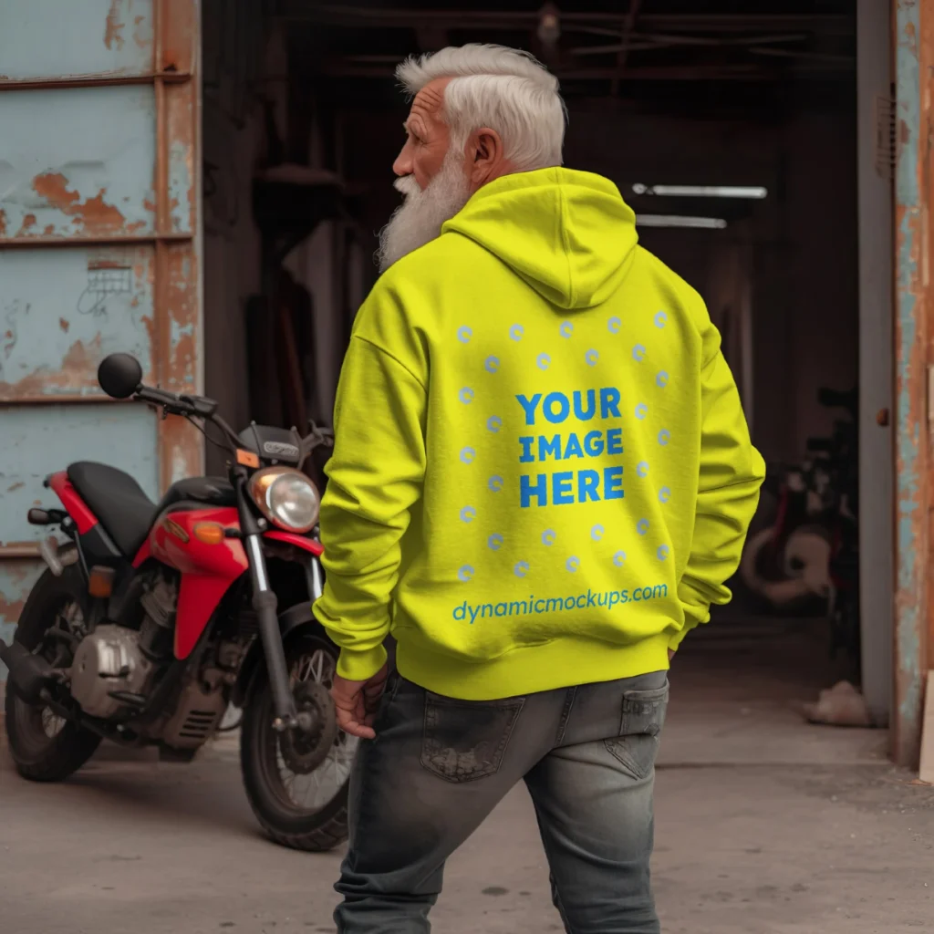 Man Wearing Yellow Hoodie Mockup Back View Template