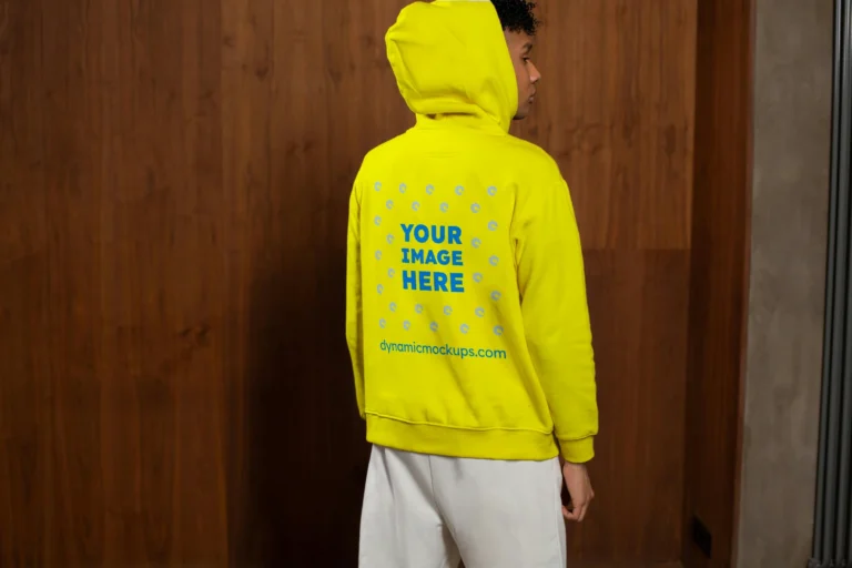 Man Wearing Yellow Hoodie Mockup Back View Template