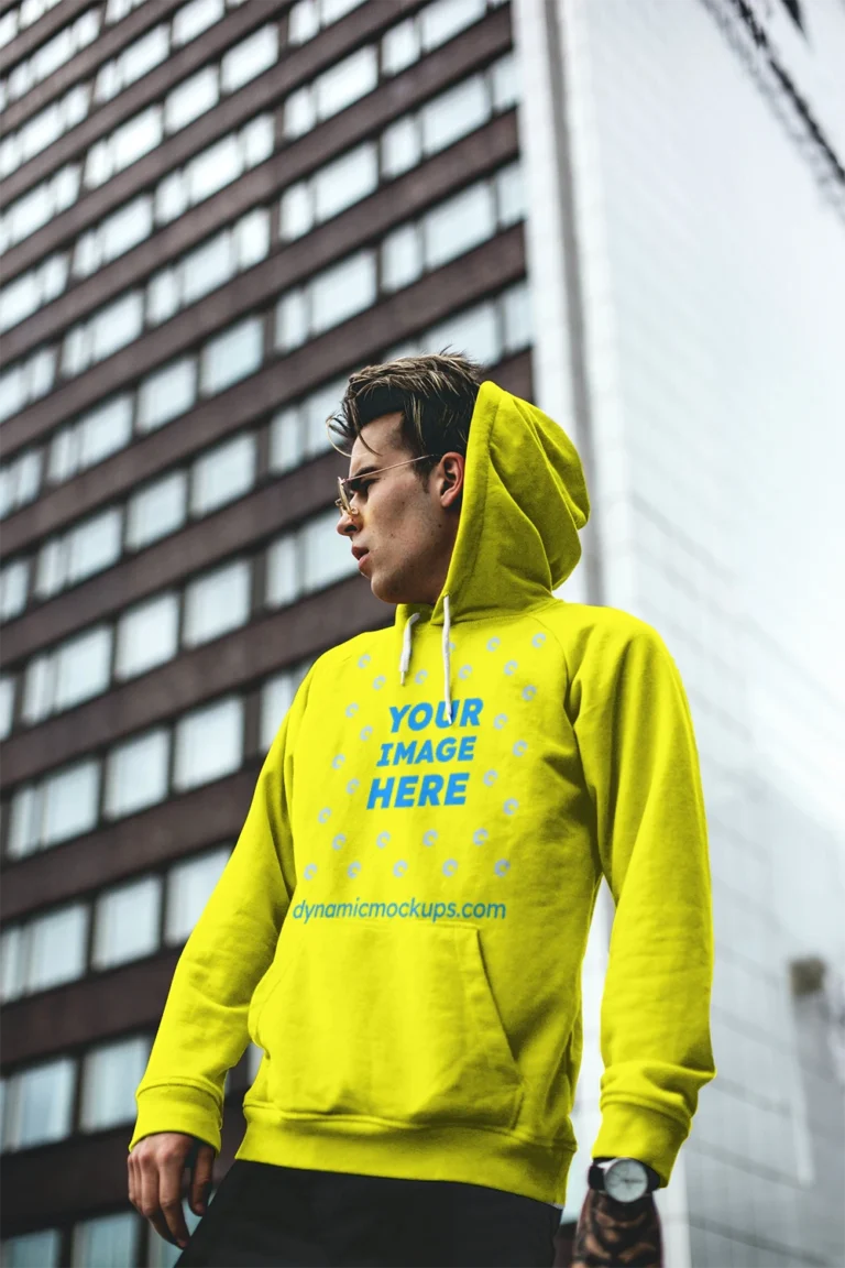 Man Wearing Yellow Hoodie Mockup Front View Template