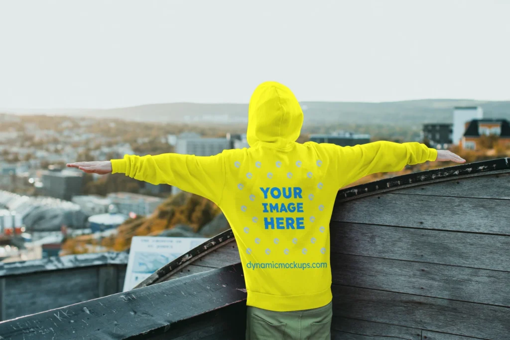 Man Wearing Yellow Hoodie Mockup Back View Template