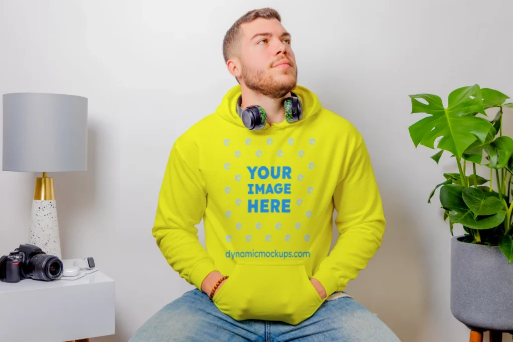 Man Wearing Yellow Hoodie Mockup Front View Template