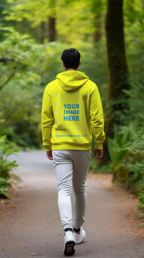 Man Wearing Yellow Hoodie Mockup Back View Template