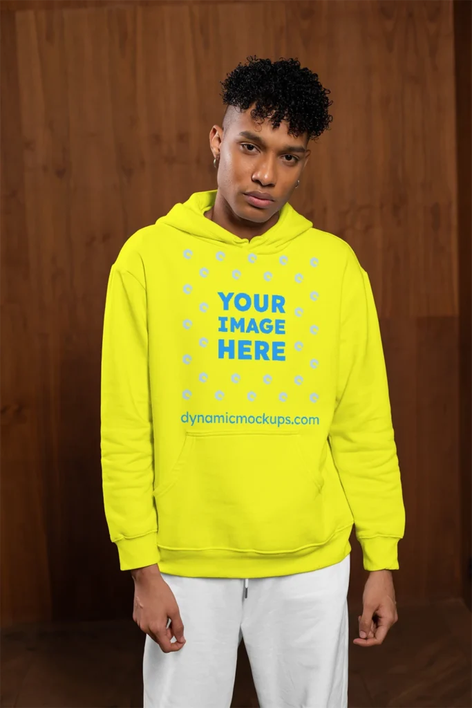 Man Wearing Yellow Hoodie Mockup Front View Template