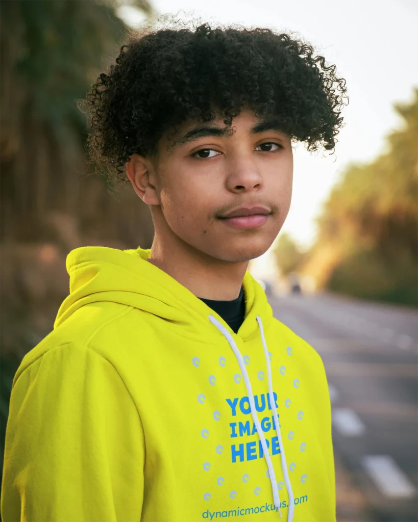 Man Wearing Yellow Hoodie Mockup Front View Template