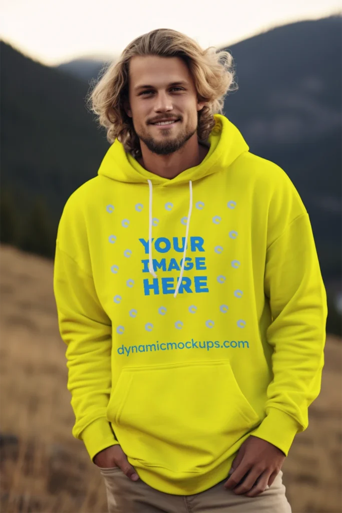 Man Wearing Yellow Hoodie Mockup Front View Template