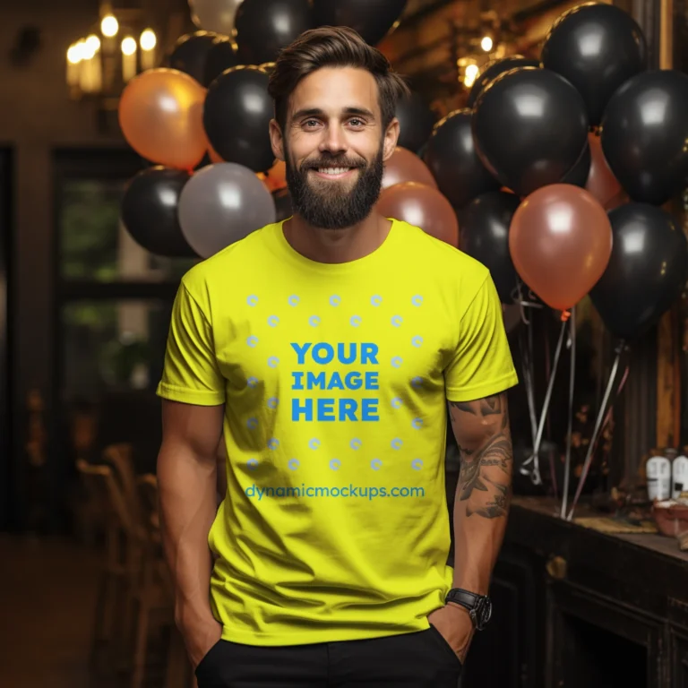 Man Wearing Yellow T-shirt Mockup Front View Template