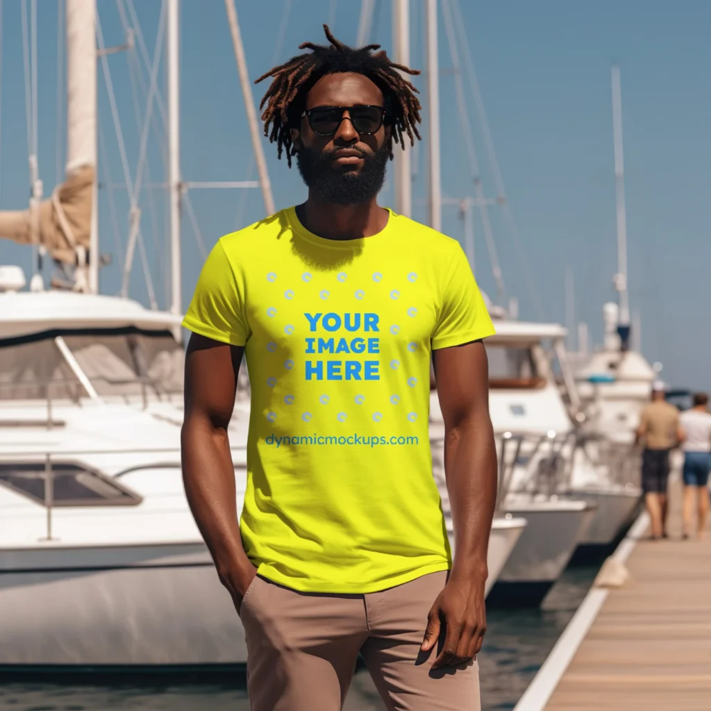 Man Wearing Yellow T-shirt Mockup Front View Template