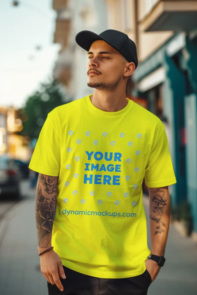 Man Wearing Yellow T-shirt Mockup Front View Template