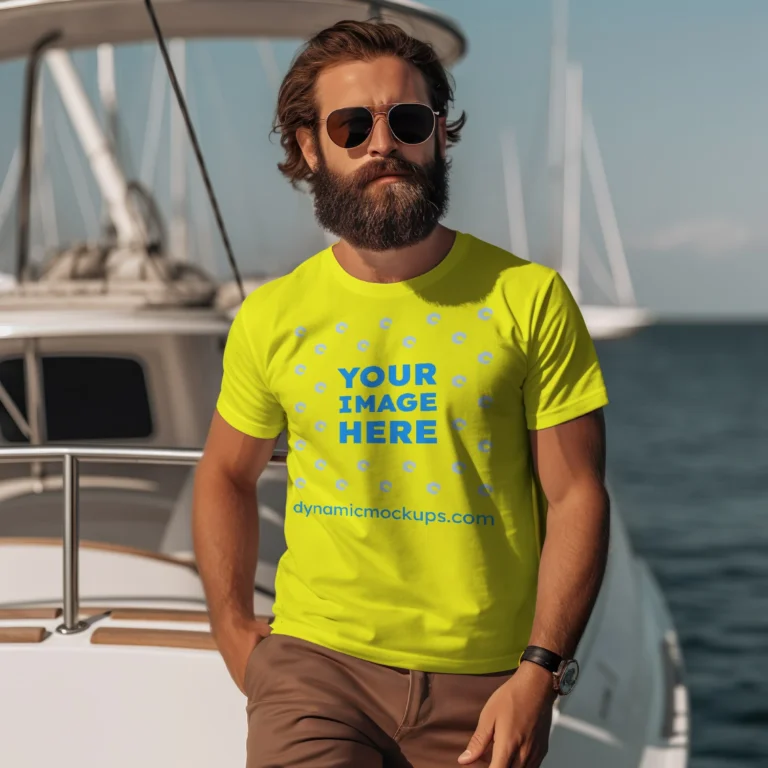 Man Wearing Yellow T-shirt Mockup Front View Template