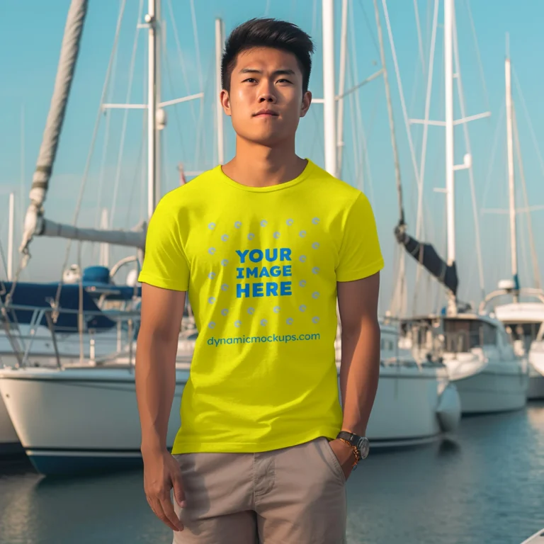 Man Wearing Yellow T-shirt Mockup Front View Template