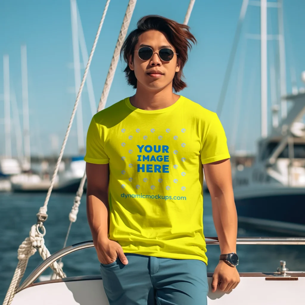 Man Wearing Yellow T-shirt Mockup Front View Template