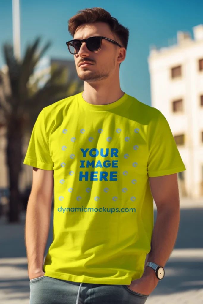 Man Wearing Yellow T-shirt Mockup Front View Template