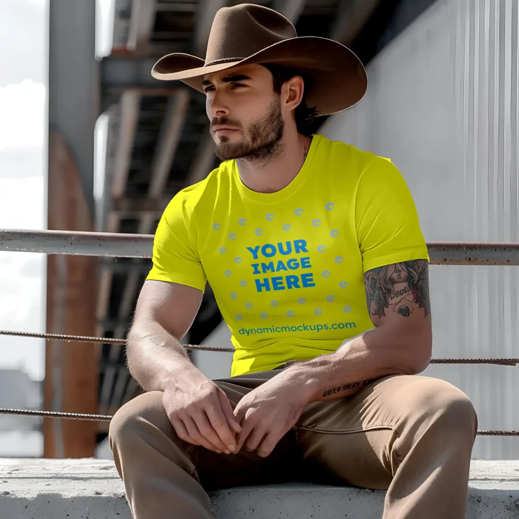 Man Wearing Yellow T-shirt Mockup Front View Template