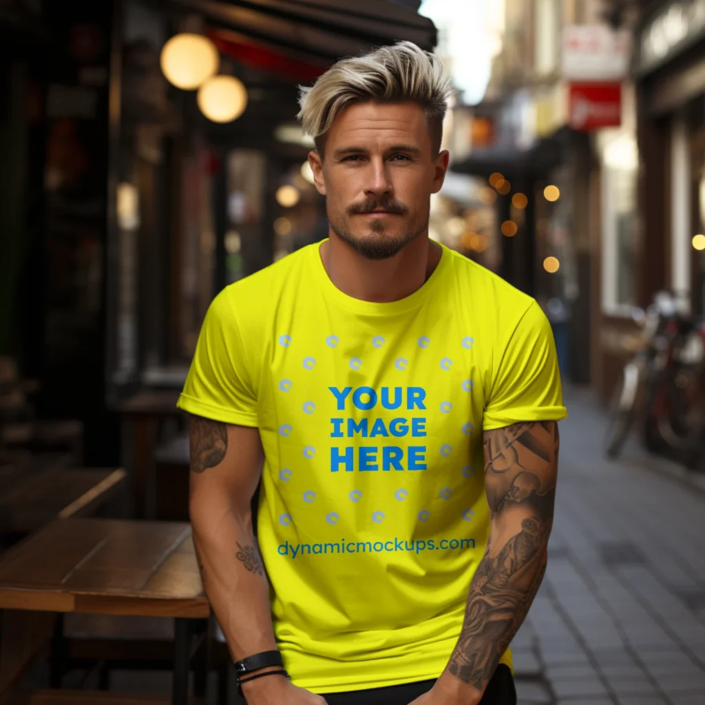 Man Wearing Yellow T-shirt Mockup Front View Template