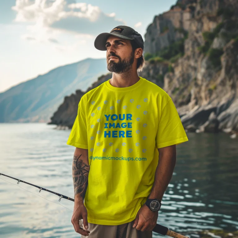 Man Wearing Yellow T-shirt Mockup Front View Template