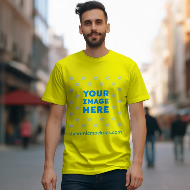 Man Wearing Yellow T-shirt Mockup Front View Template