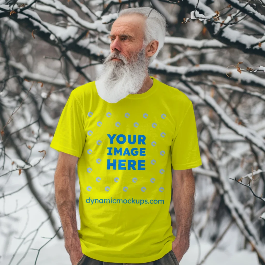 Man Wearing Yellow T-shirt Mockup Front View Template